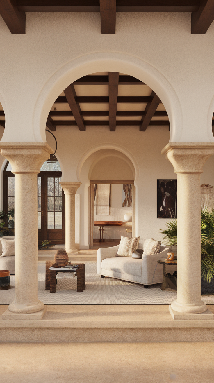 A cozy living room framed by charming arched doorways, featuring a sofa and natural light.