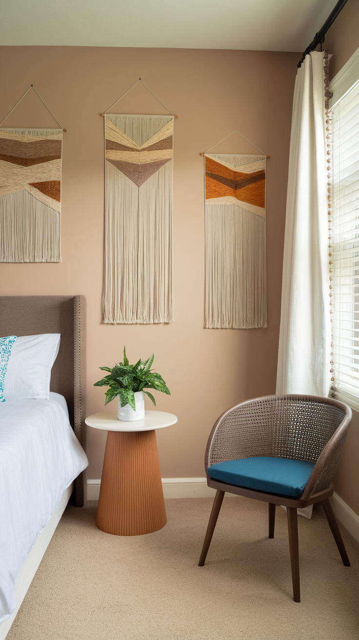 A cozy bedroom featuring string art on the walls, a bed with white bedding, a round side table with a plant, and a woven chair.