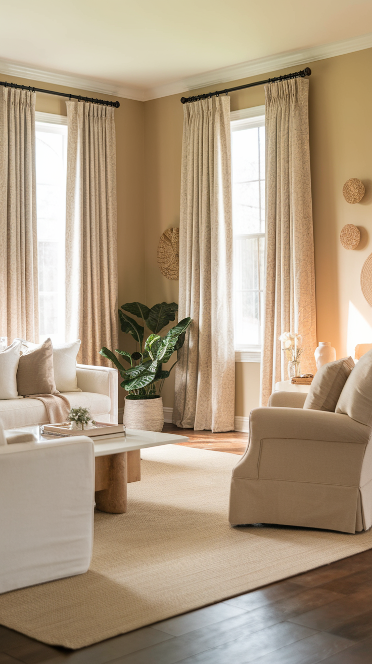 Living room with chic beige curtains and black hardware, featuring plants and light-colored furniture