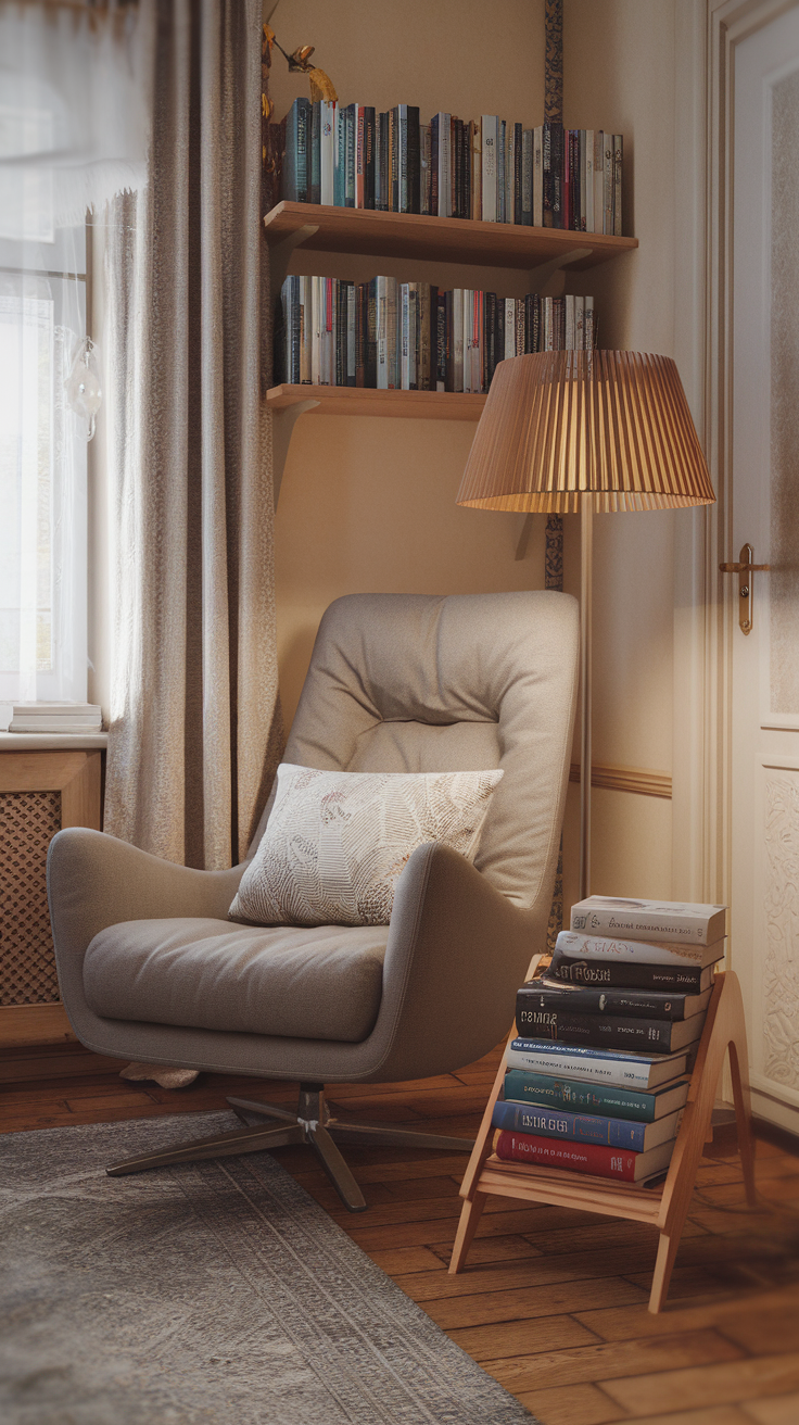 A cozy reading corner featuring a soft chair, decorative pillow, stacked books, and a warm lamp.