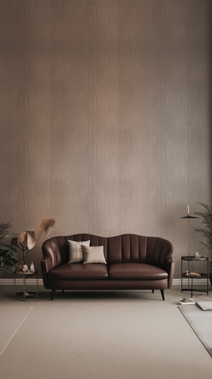 A living room featuring a rich brown couch against a textured chocolate wallpaper, creating a warm and inviting atmosphere.