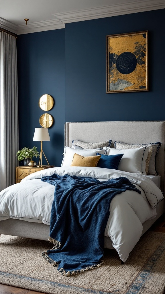 A cozy bedroom with dark blue walls, plush bedding, and stylish decor.