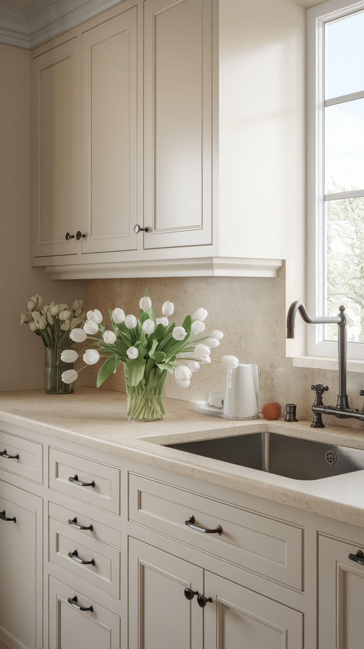 A stylish kitchen featuring creamy cabinetry and fresh white tulips.