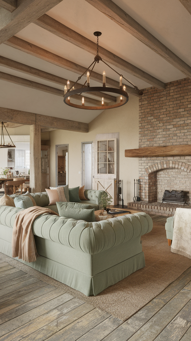 A cozy living room featuring a sage green sofa with plush fabric, surrounded by rustic wooden beams and a brick fireplace.