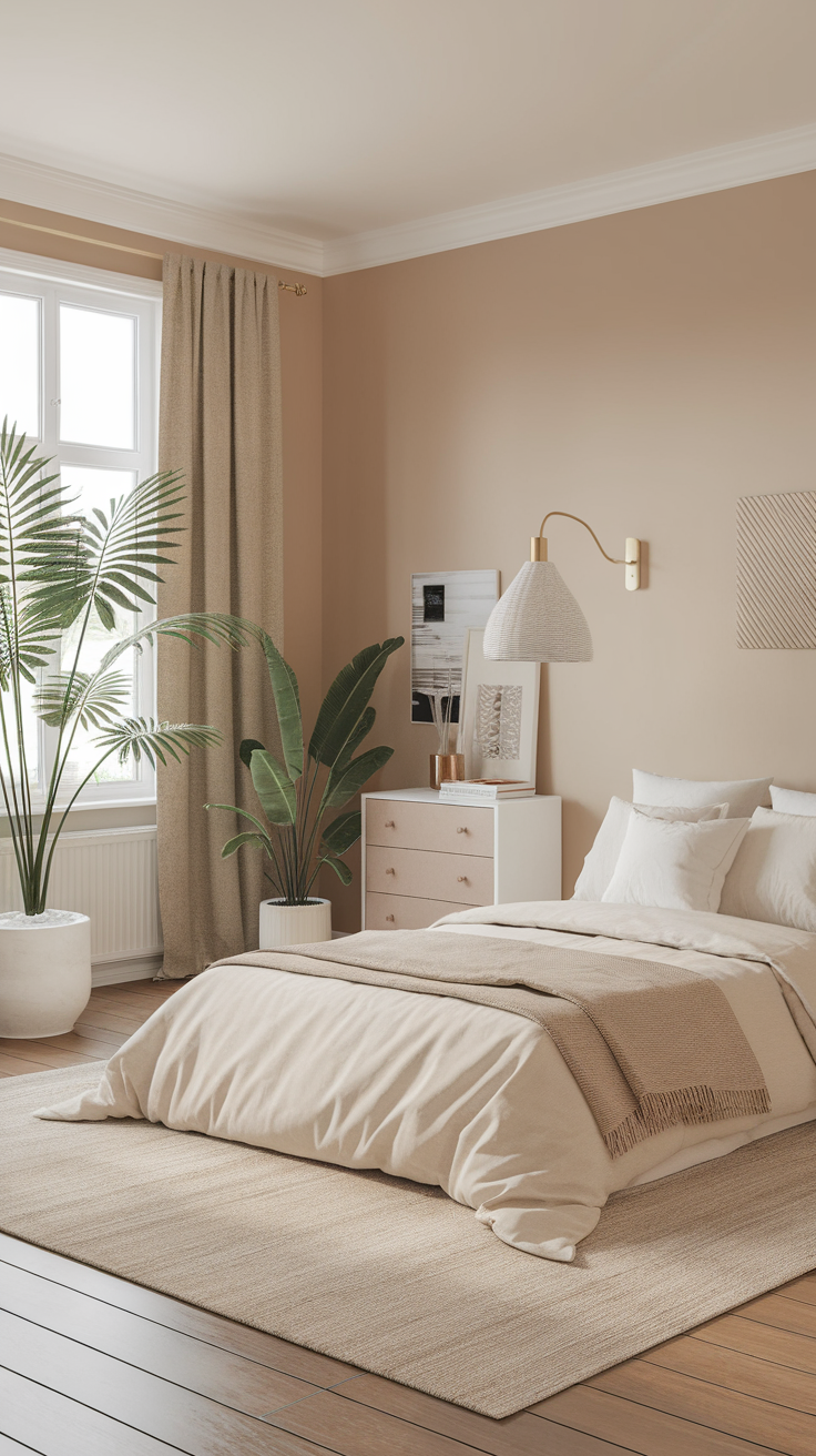 A cozy bedroom with a neutral color palette featuring beige walls, plants, and minimalistic decor.