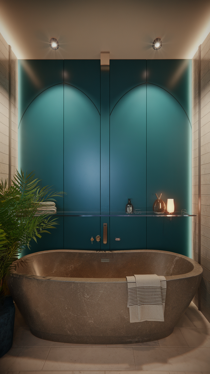 A modern bathroom with a teal accent wall and a stone bathtub