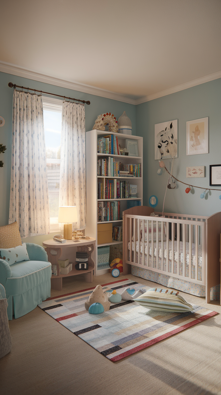 A cozy and colorful nursery featuring a crib, soft textiles, and a playful rug.