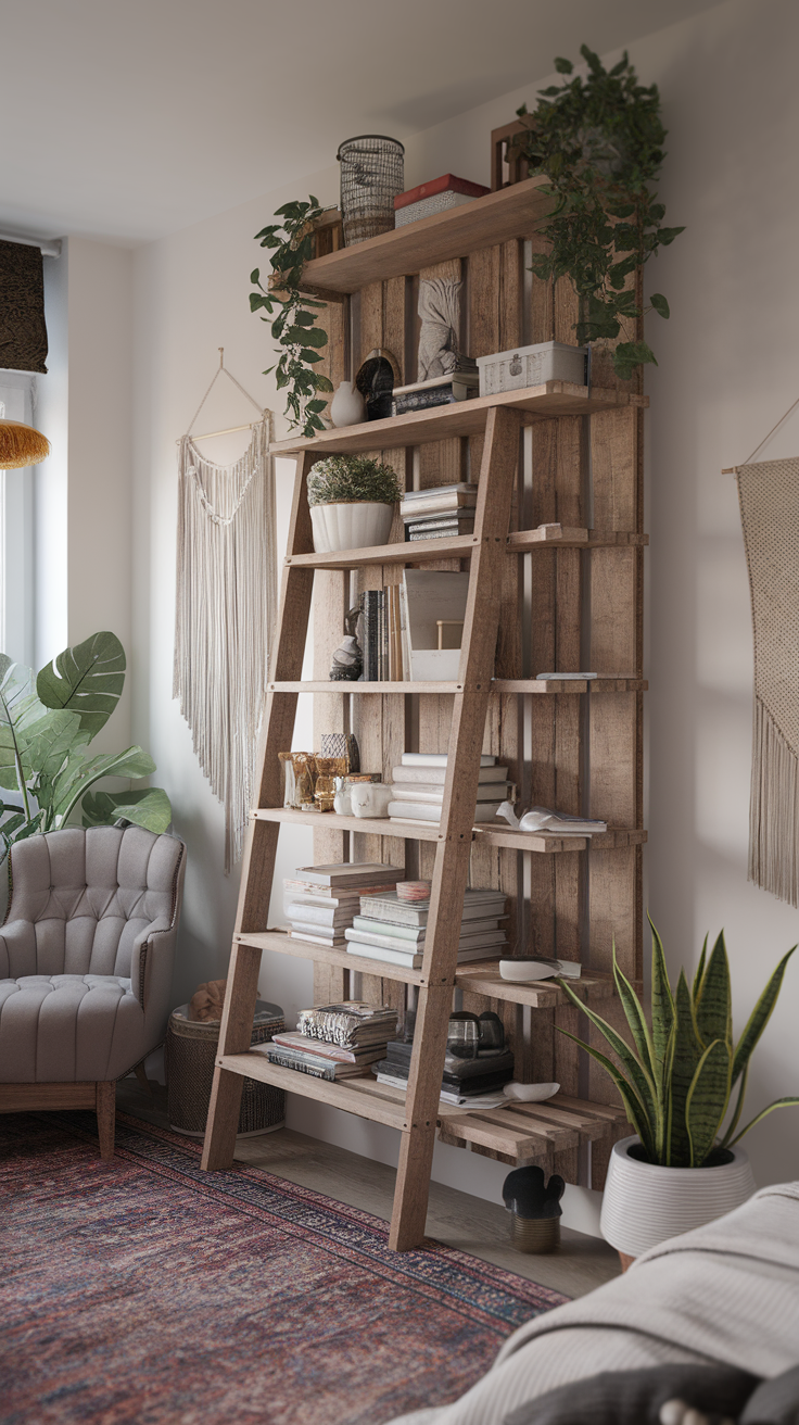 A stylish wooden ladder shelf filled with books and plants in a cozy room setting.