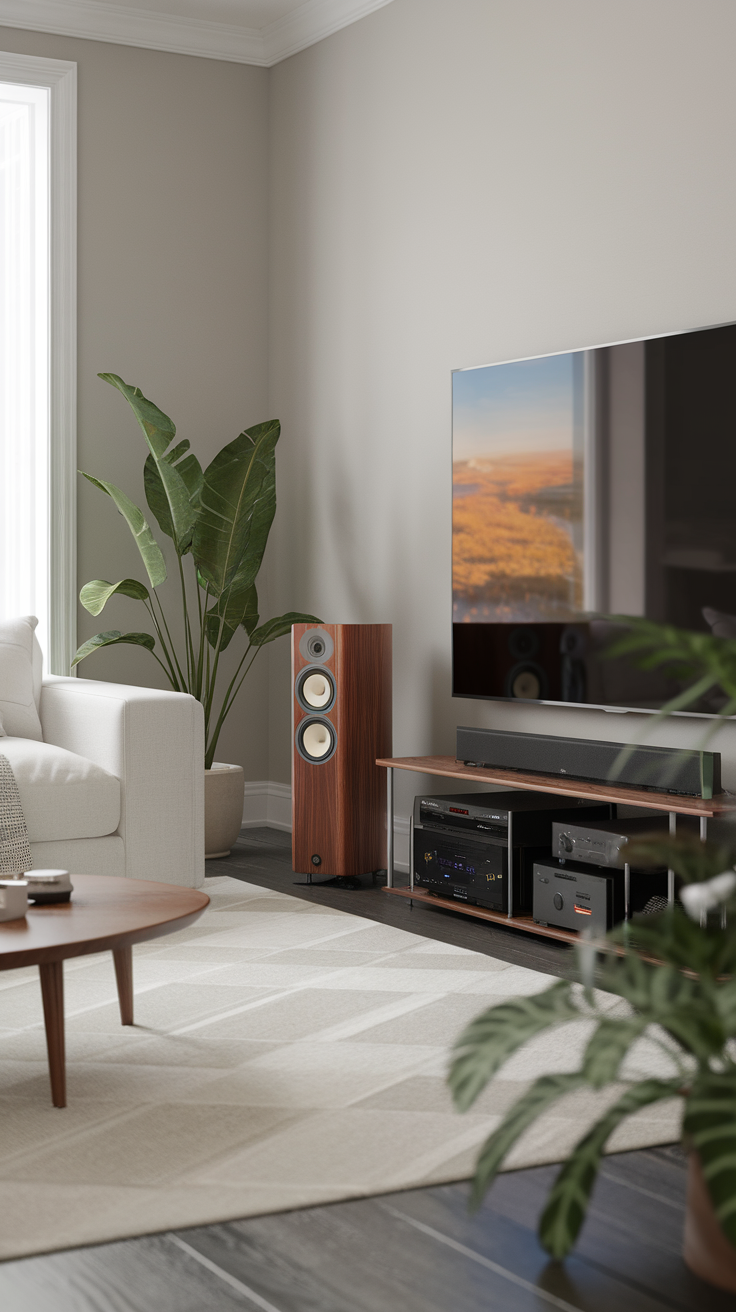 A living room with a stylish audio setup featuring a tall speaker and a soundbar under a TV, surrounded by plants and modern furniture.