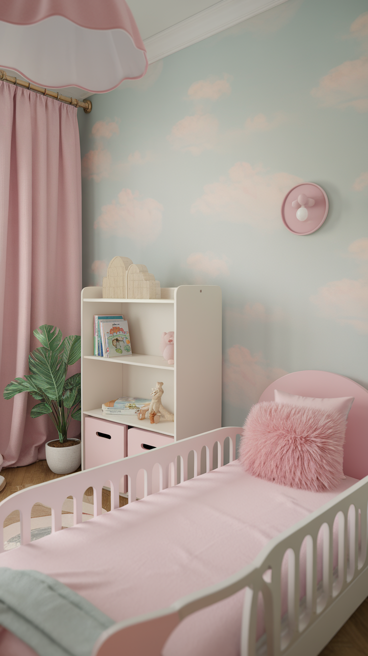 A toddler bedroom layout featuring pink and blue decor with a cozy bed and bookshelves.