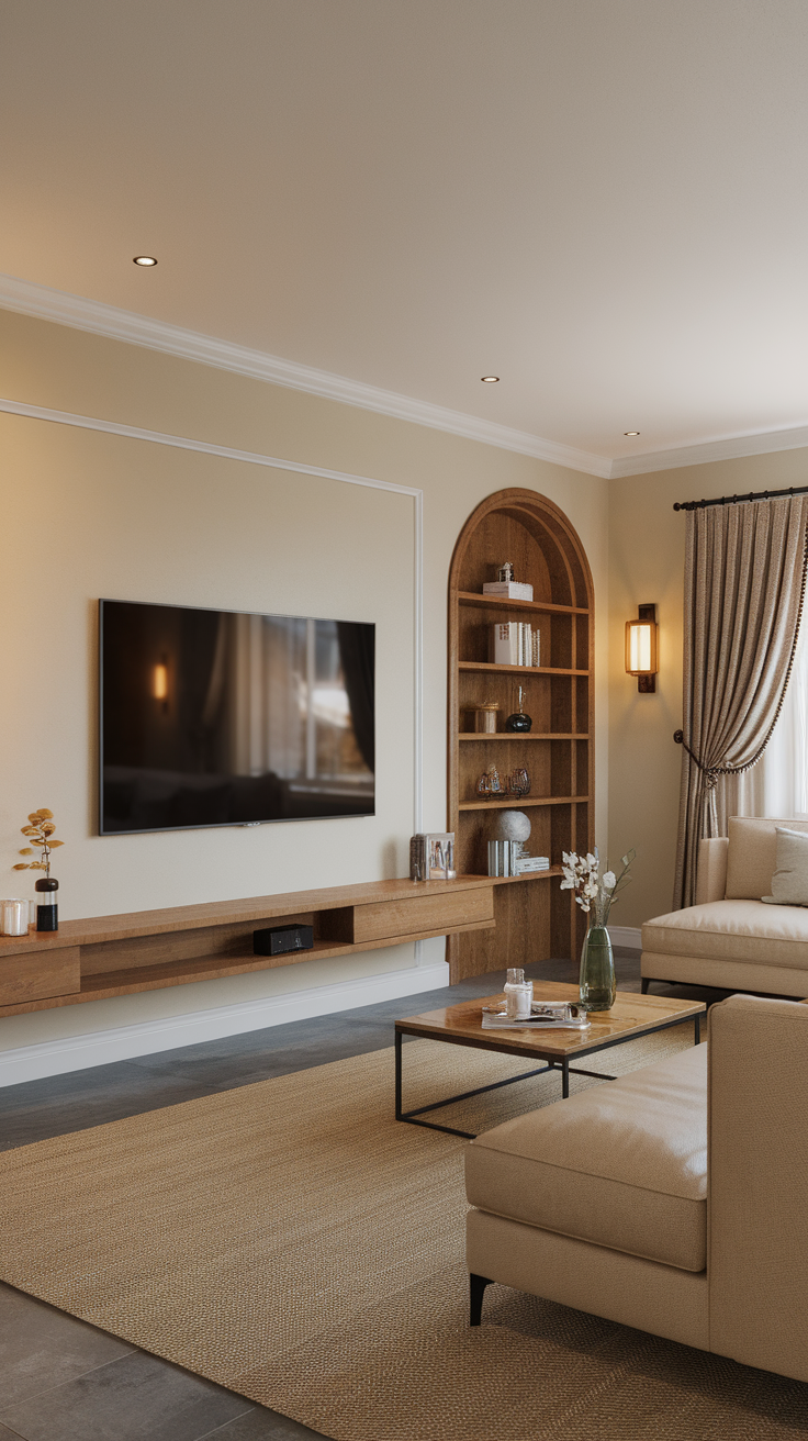 A stylish living room featuring a TV wall, soft curtains, and a cozy seating area.