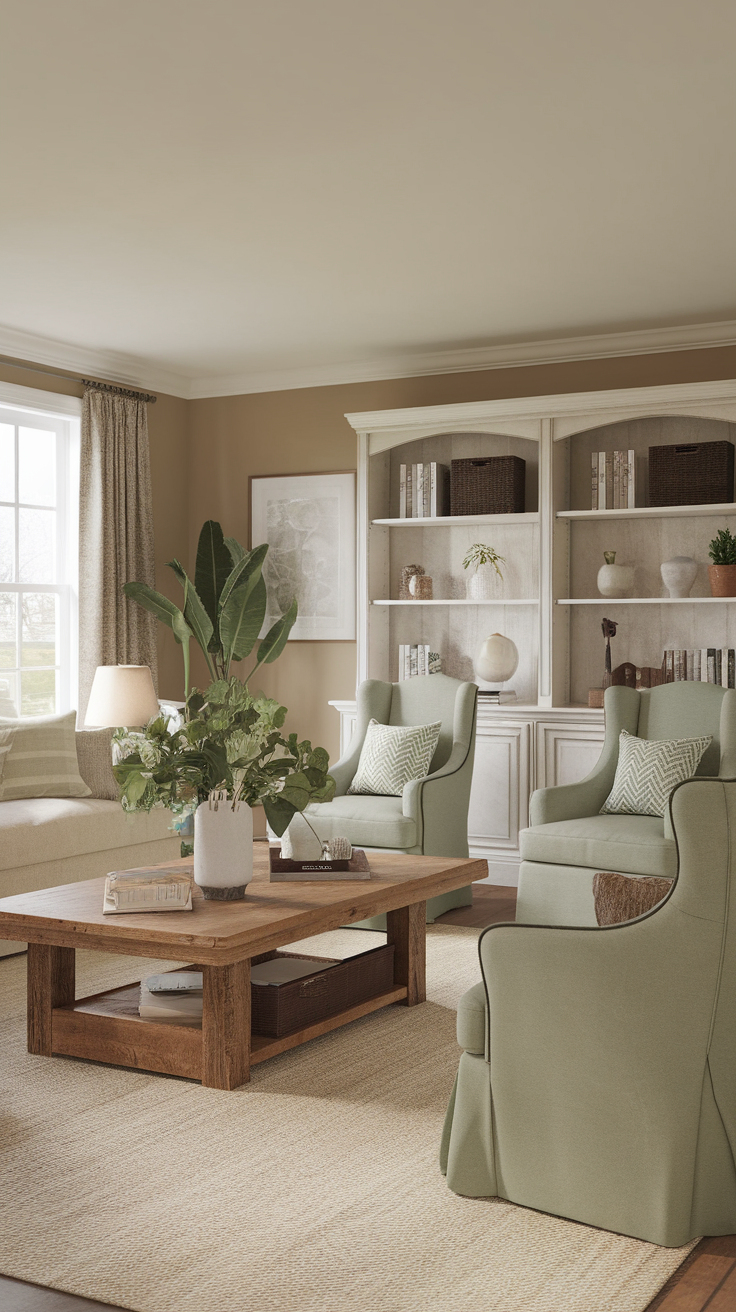 A cozy living room with sage green chairs, a wooden coffee table, and plants, creating a warm atmosphere.