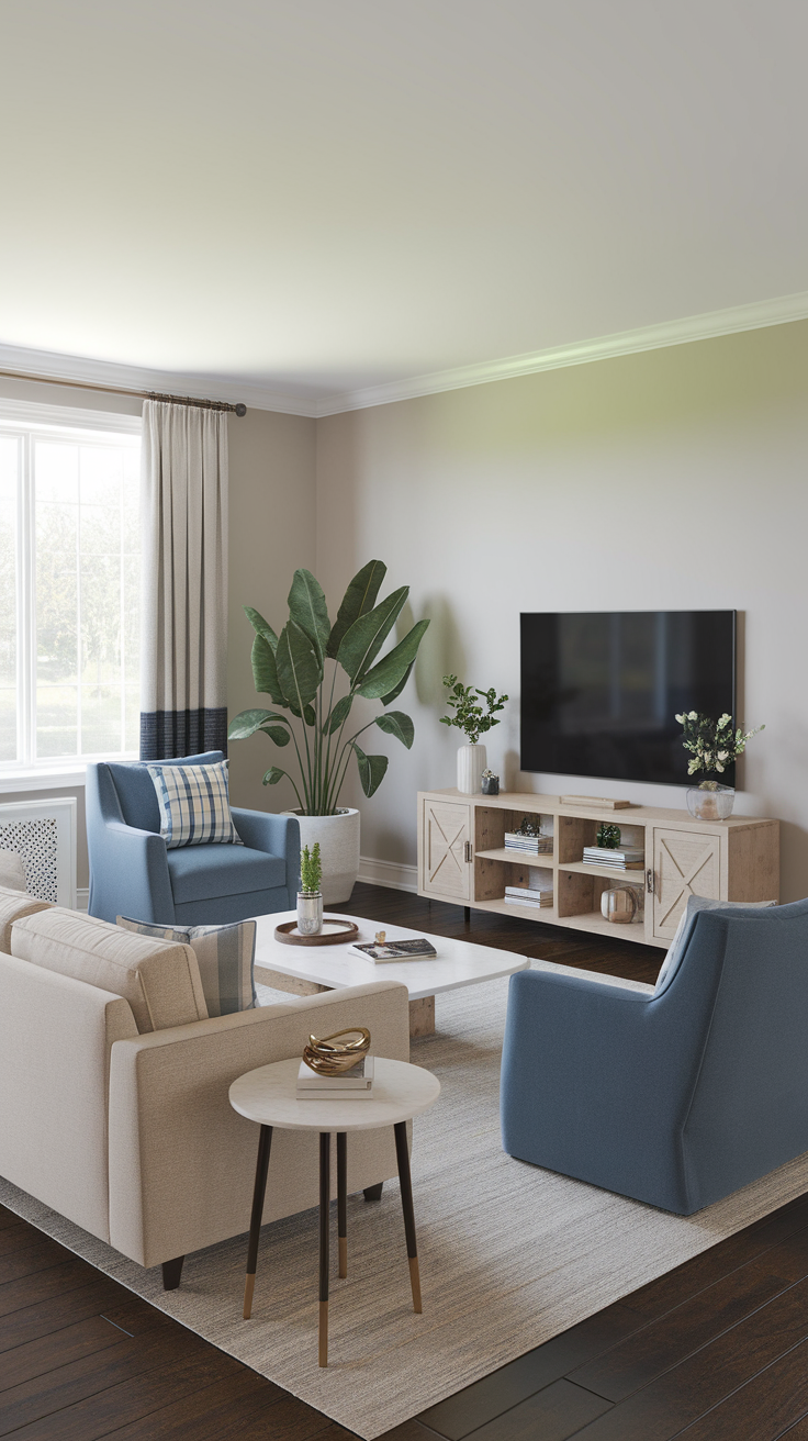 Cozy living room with blue chairs, a light sofa, a central coffee table, and a TV on the wall.