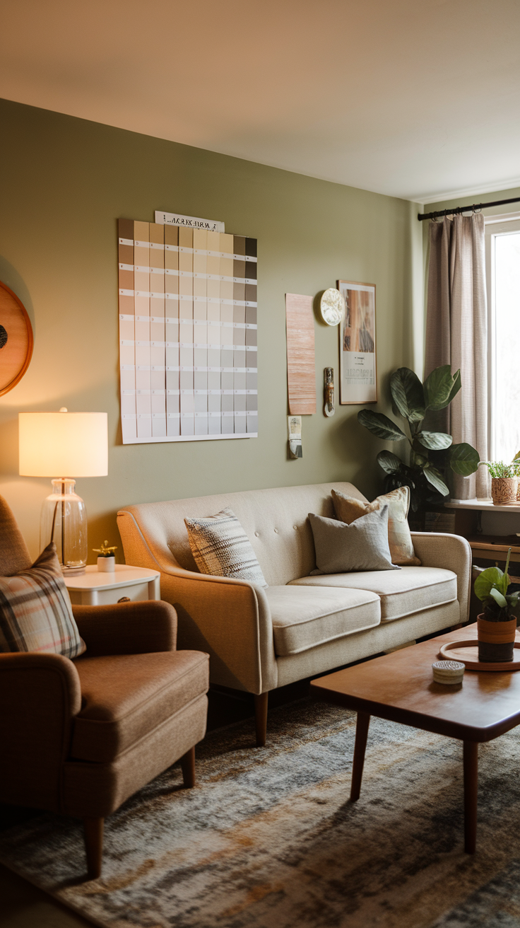 A cozy living room featuring sage green walls, a light sofa, and various decor items including a color palette.