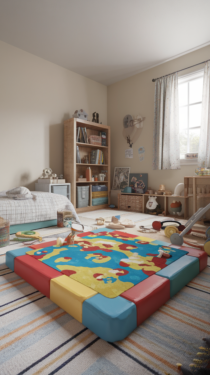 Colorful rug in a toddler's bedroom with a playful design, surrounded by toys and a cozy bed.