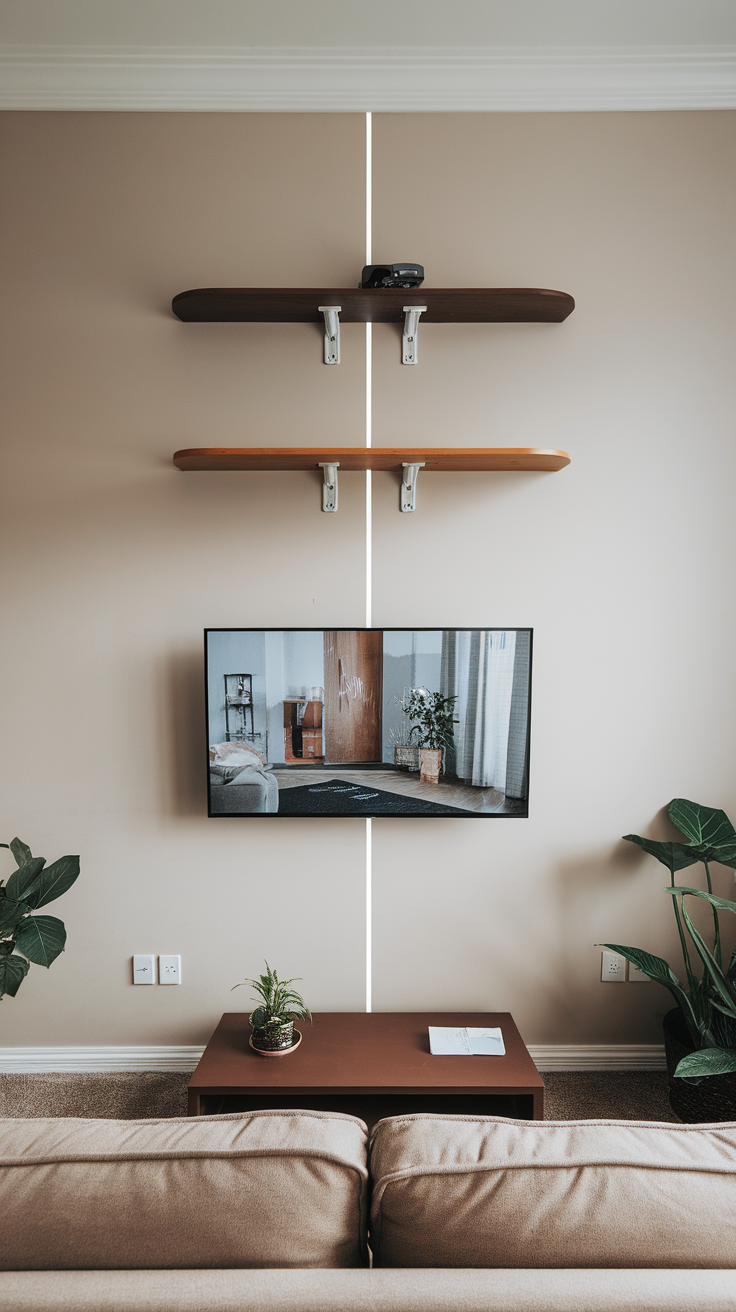 A modern living room setup featuring a wall-mounted TV, wooden shelves, and a stylish coffee table.