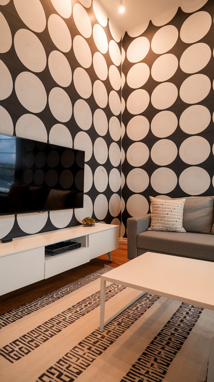 Living room with black and white polka dot accent wall, TV, gray sofa, and patterned rug.