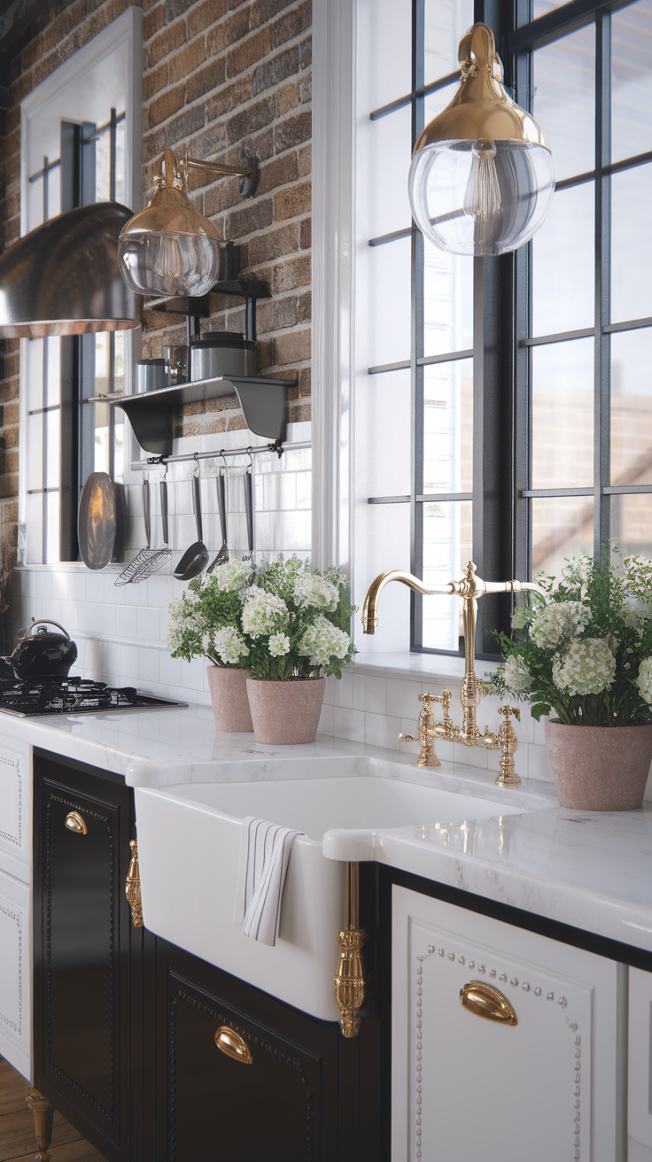 A modern black and gold kitchen with elegant fixtures and floral arrangements