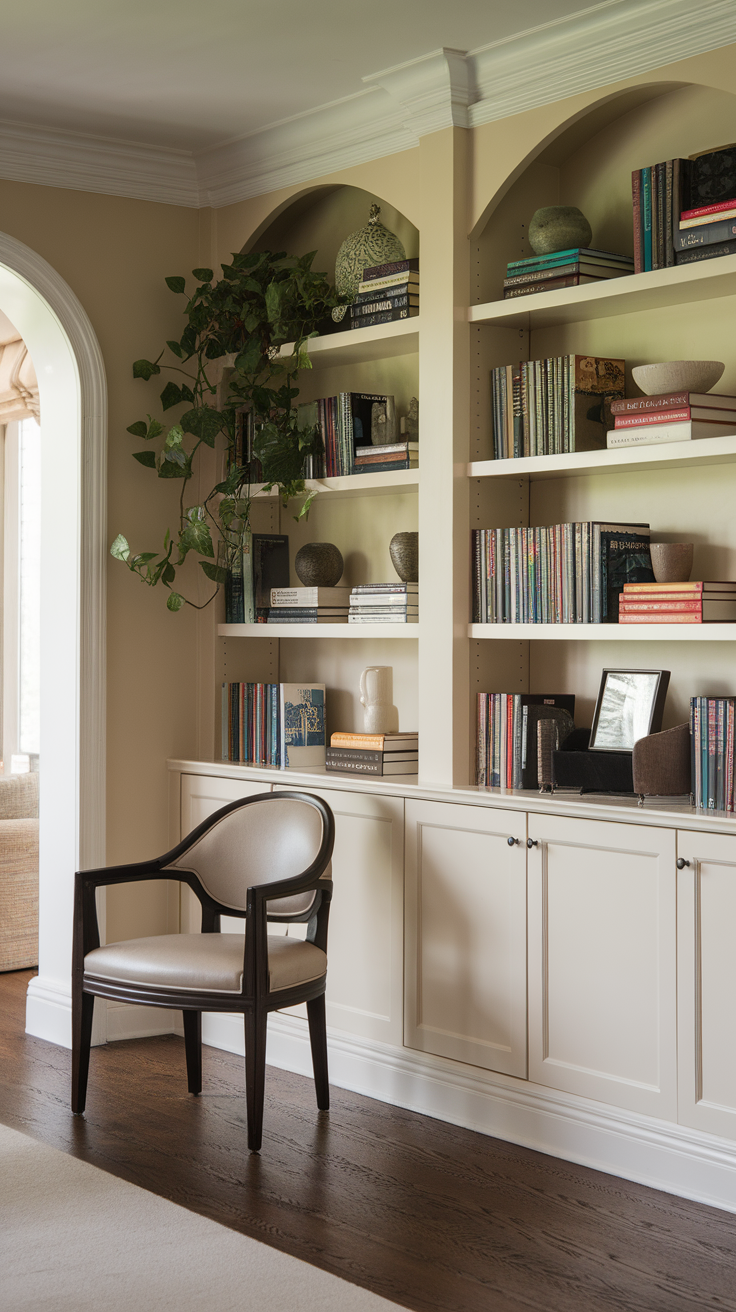 A cozy living room featuring classic built-in shelving with books and decorative items, alongside a comfortable chair.