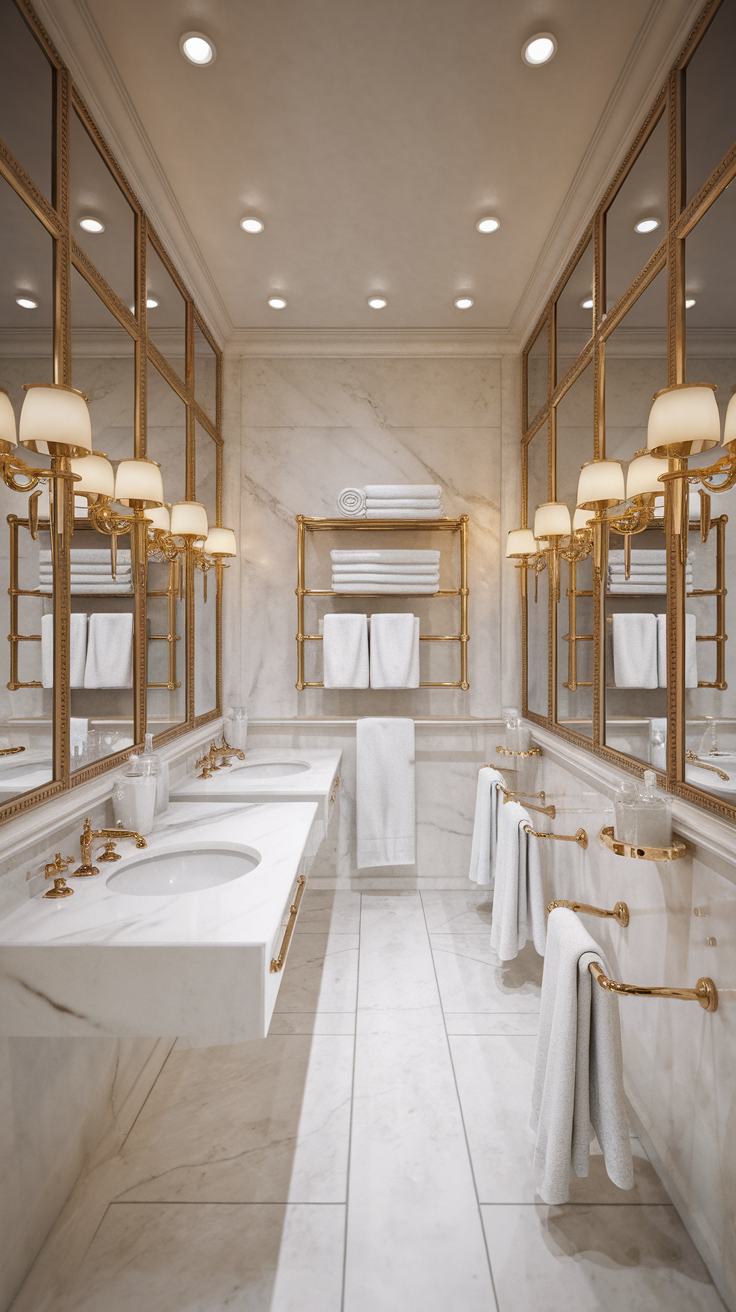 Luxurious gold and white bathroom with marble surfaces and elegant fixtures