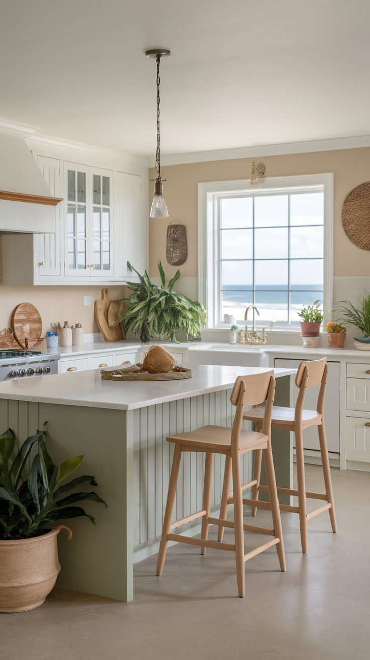 A coastal sage green kitchen with plants, natural light, and minimalist decor.