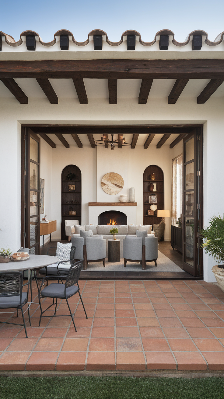 A cohesive outdoor space with a living room view featuring Spanish style architecture and a cozy seating area.