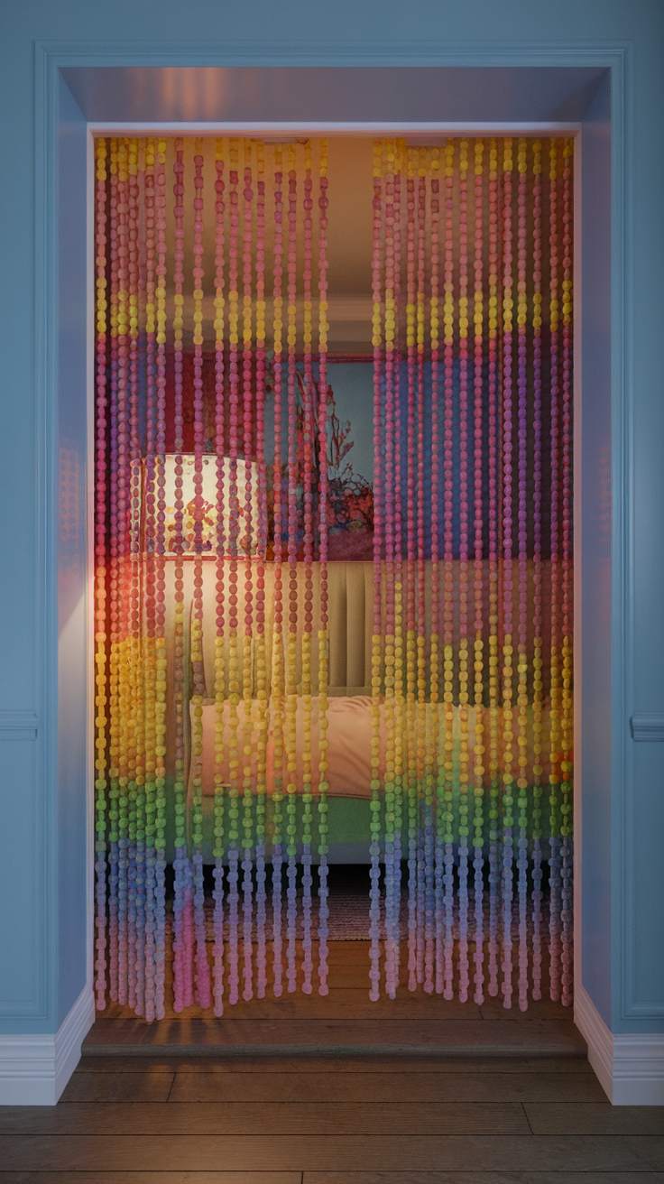 Colorful beaded curtains hanging in a doorway, revealing a cozy bedroom with a glowing lamp.