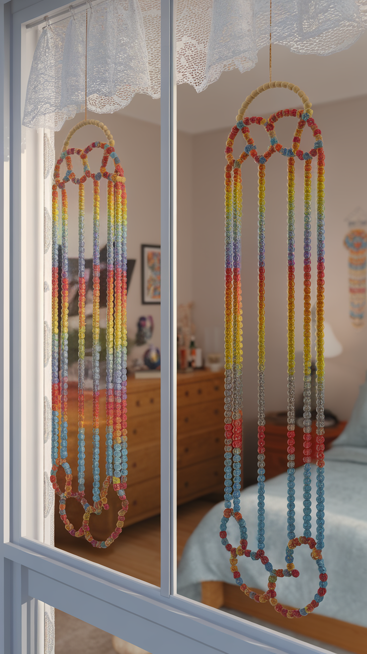 Colorful beaded suncatchers hanging in a window, brightening a room with vibrant hues.