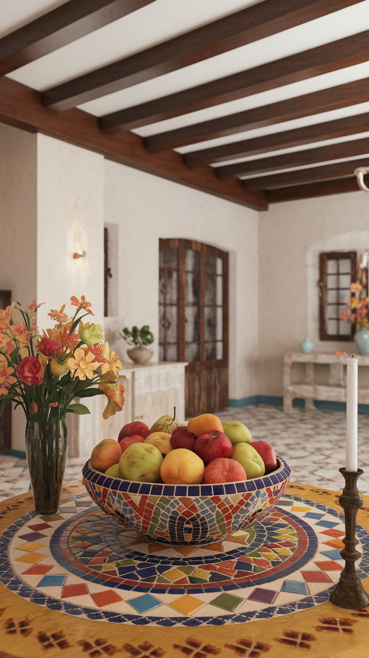 Colorful mosaic table with a bowl of fruit and flowers in a Spanish-style living room.