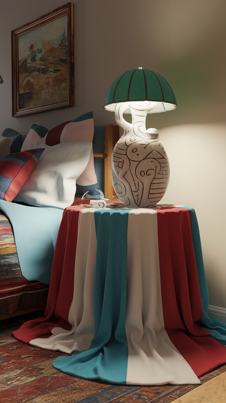 A small table with a colorful striped tablecloth in red, white, and blue, topped with a decorative lamp and surrounded by cozy bedding.