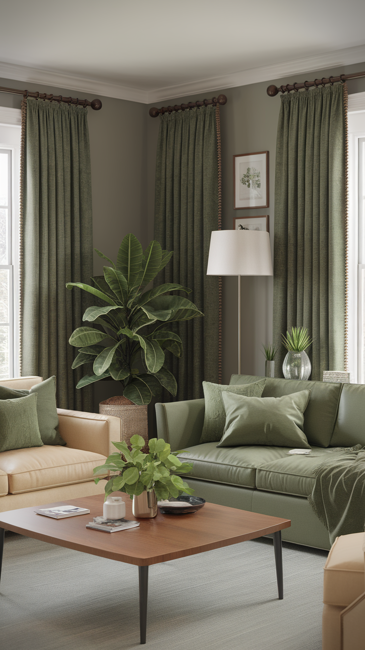 A cozy living room decorated in different shades of green with plants and wooden furniture.