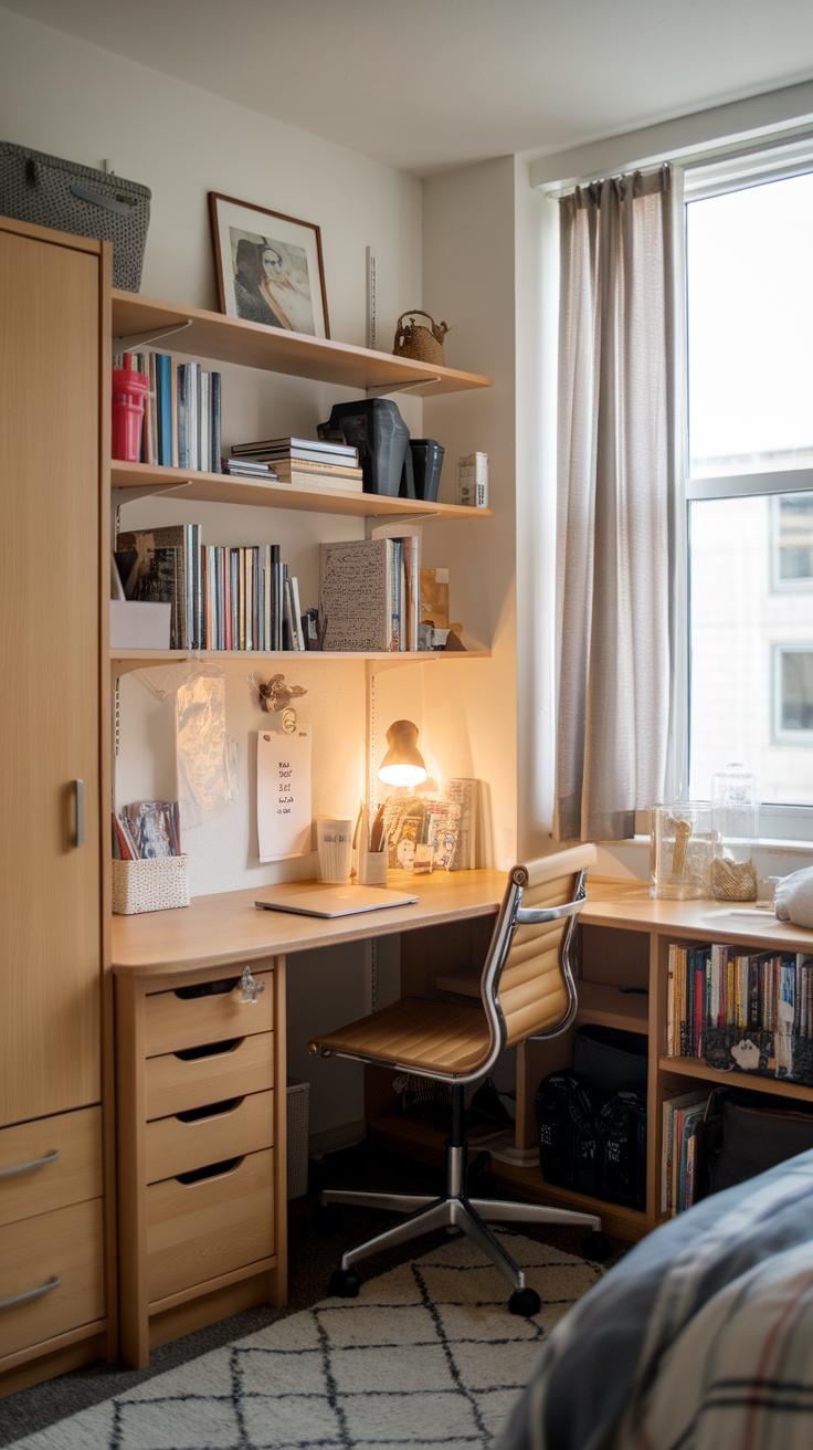 A cozy corner desk with shelving in a dorm room, featuring books, a lamp, and a comfortable chair.