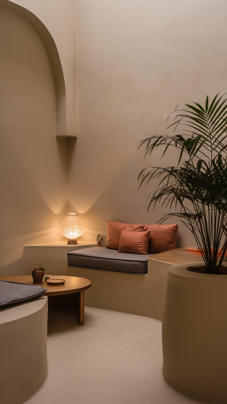 A cozy compact sunken living room with earthy tones, soft lighting, and plants.