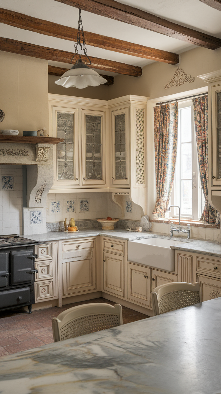 A beautiful French Provincial kitchen with wooden beams, elegant cabinetry, and a cozy atmosphere.