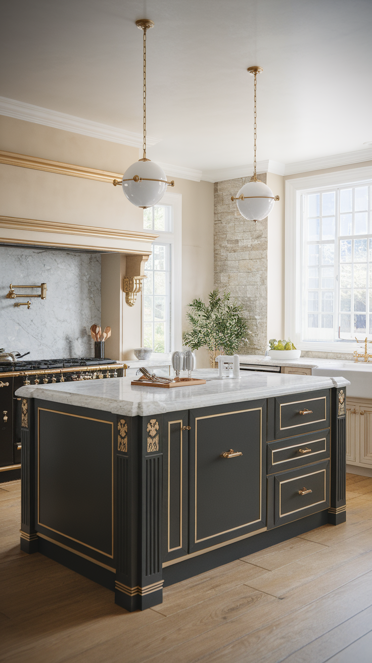 A contemporary Black & Gold kitchen island with marble countertop and gold accents.