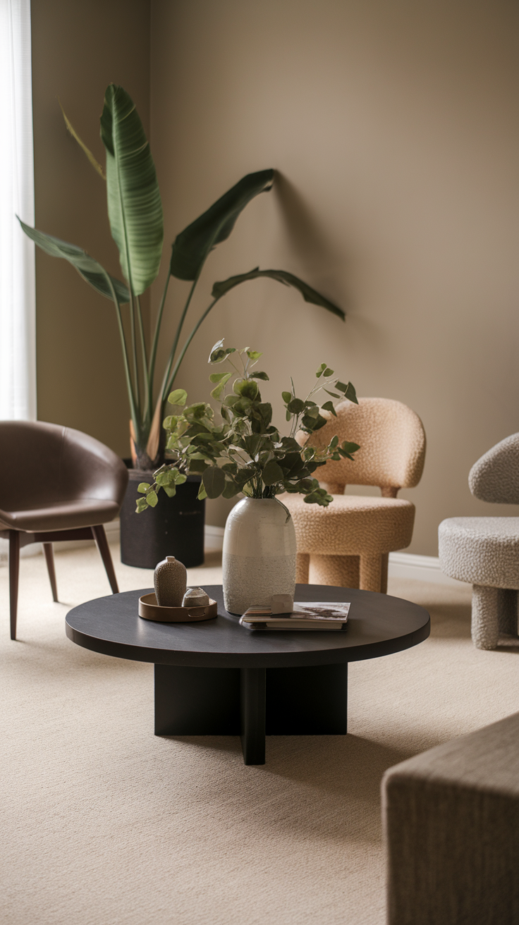 A contemporary black coffee table in a beige and black living room, surrounded by soft beige furniture and a patterned wall.