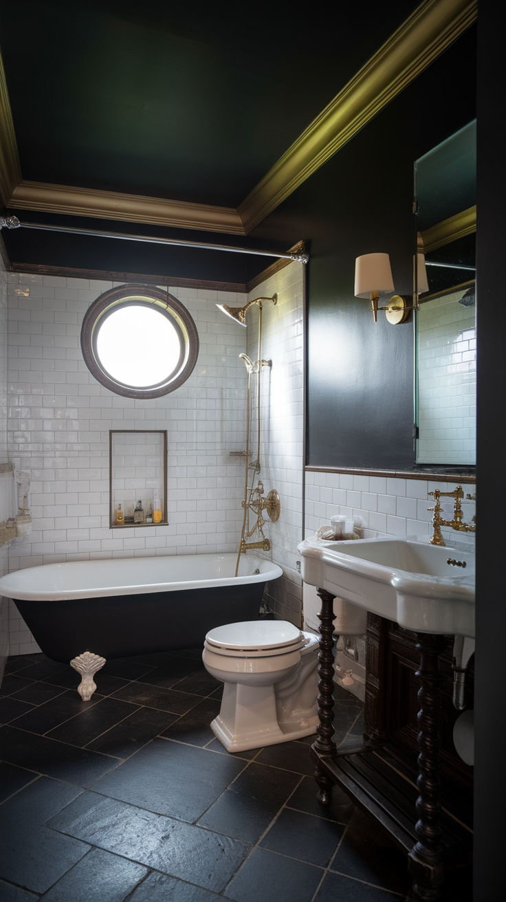 A stylish bathroom with dark wall colors, white subway tiles, and a black clawfoot tub