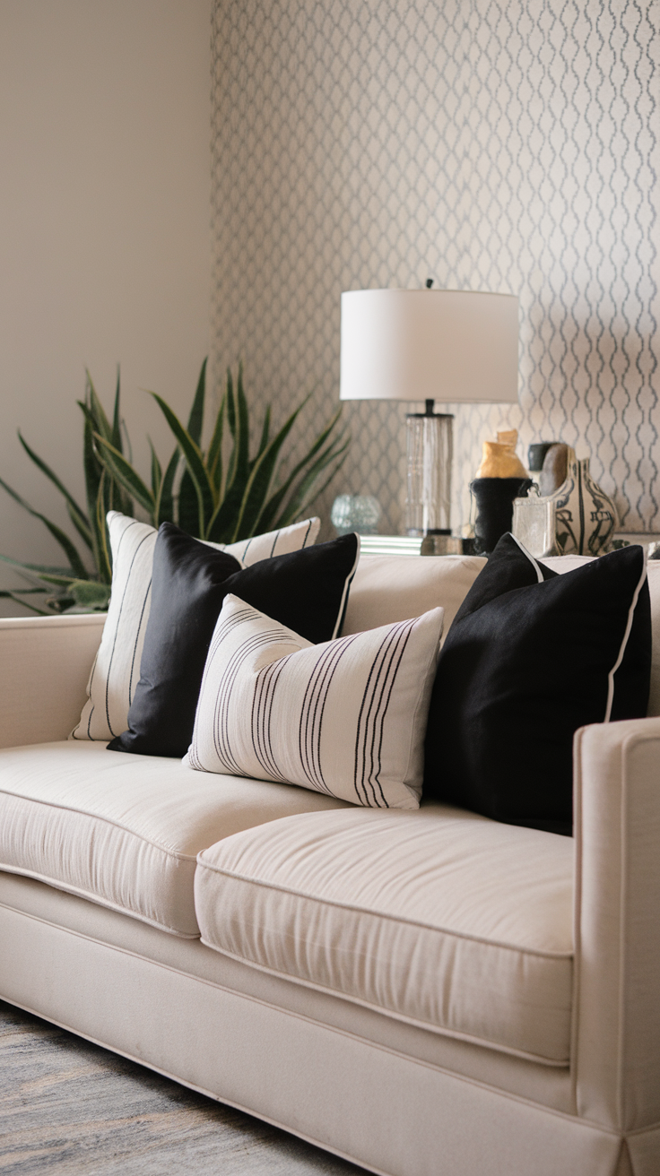 A beige couch adorned with contrasting black and white pillows in a stylish living room setting.