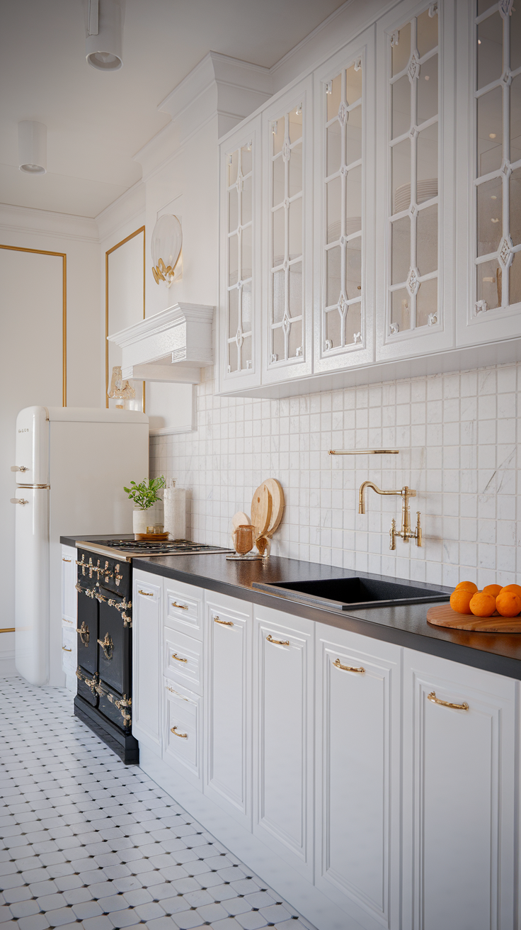 A modern kitchen featuring black countertops, white cabinets, and gold accents.