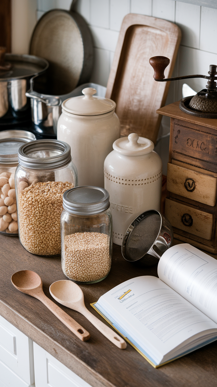 A cozy kitchen scene with jars, wooden spoons, and a cookbook on the counter.