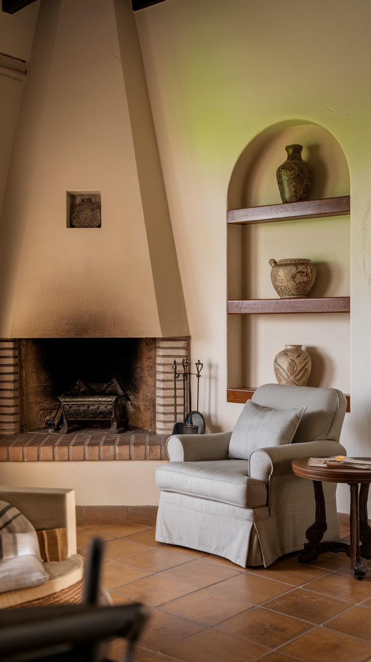 Cozy fireplace corner in a living room with Spanish style decor and comfortable seating