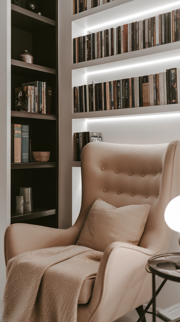 Cozy reading nook with a beige armchair, bookshelves filled with books, and soft lighting