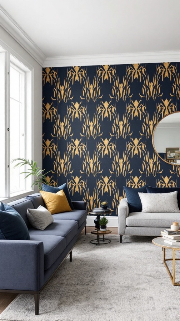 A living room with a blue and gold patterned accent wall, complemented by a stylish couch and decor.