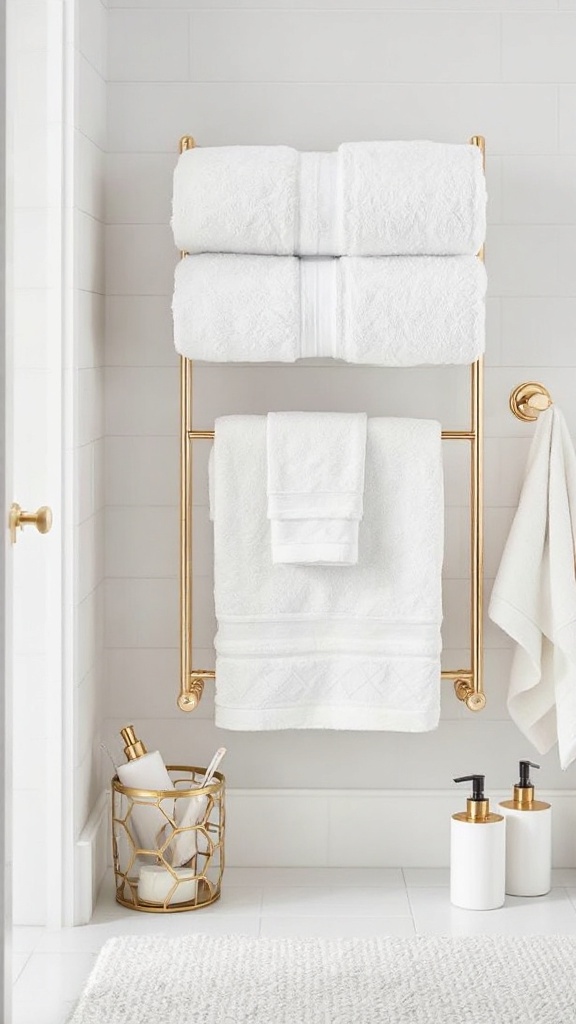 A stylish bathroom setup with white towels on a gold rack.