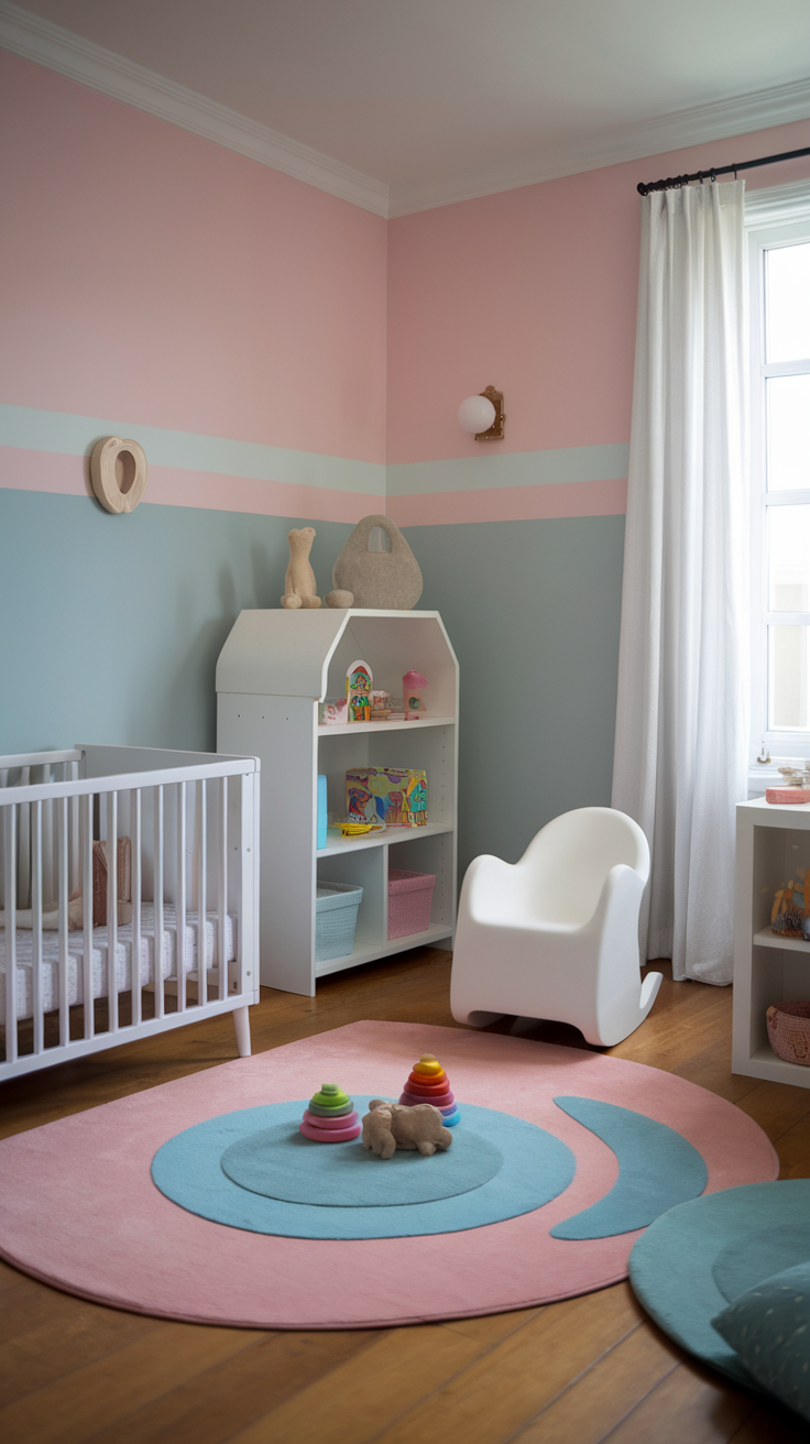 A calming toddler bedroom with soft colors, a crib, and a playful rug.