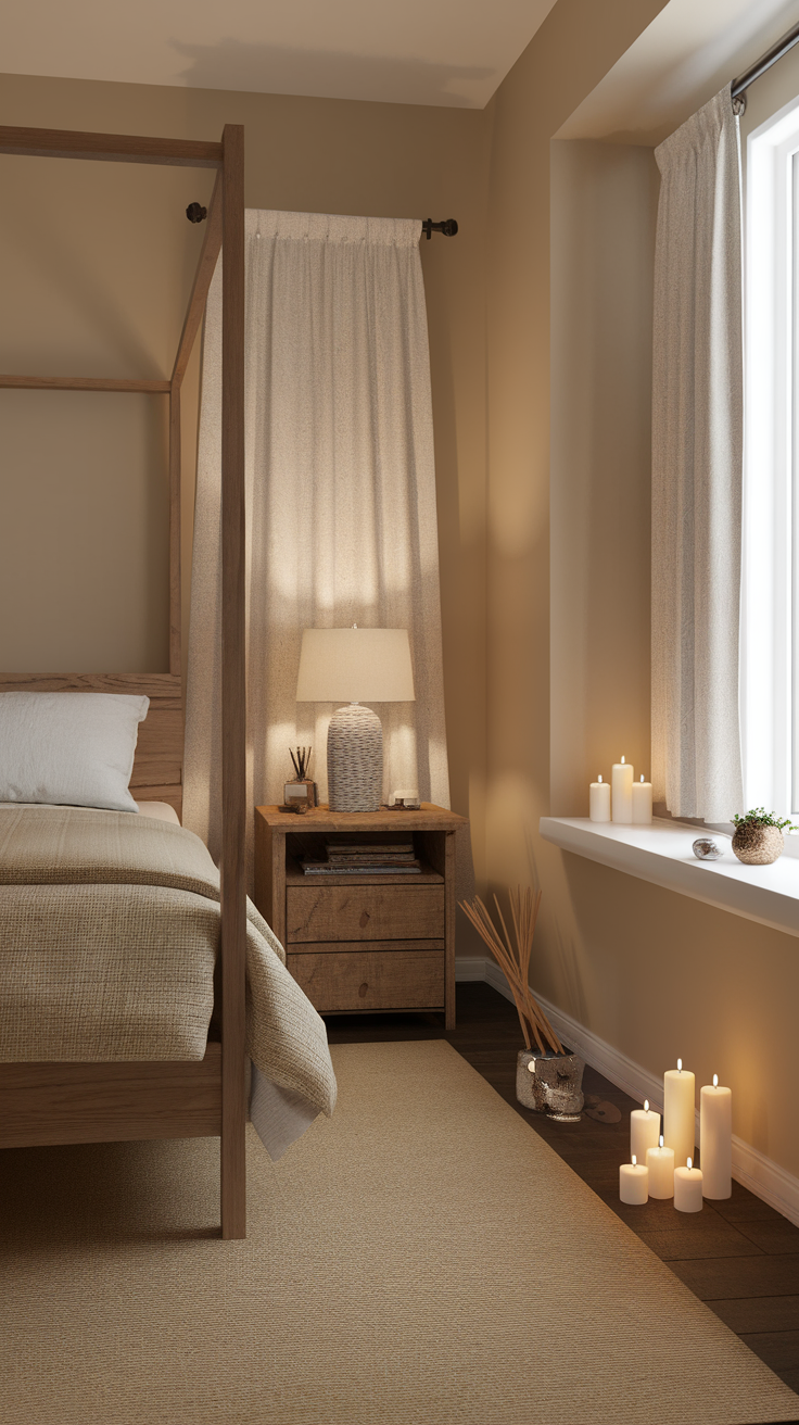 A cozy minimalist bedroom with candles and a diffuser for a calming scent atmosphere.