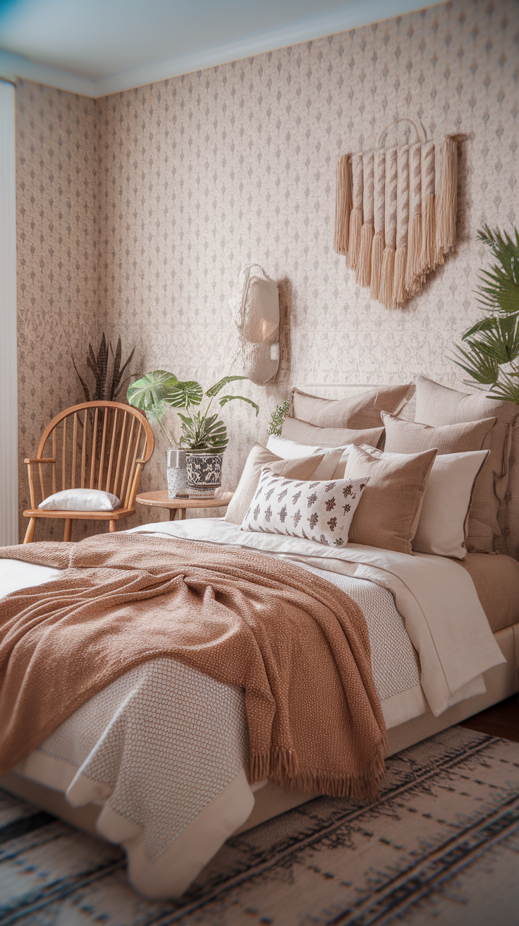 A cozy bedroom featuring a bed with soft throws, minimalist decor, and bohemian elements.