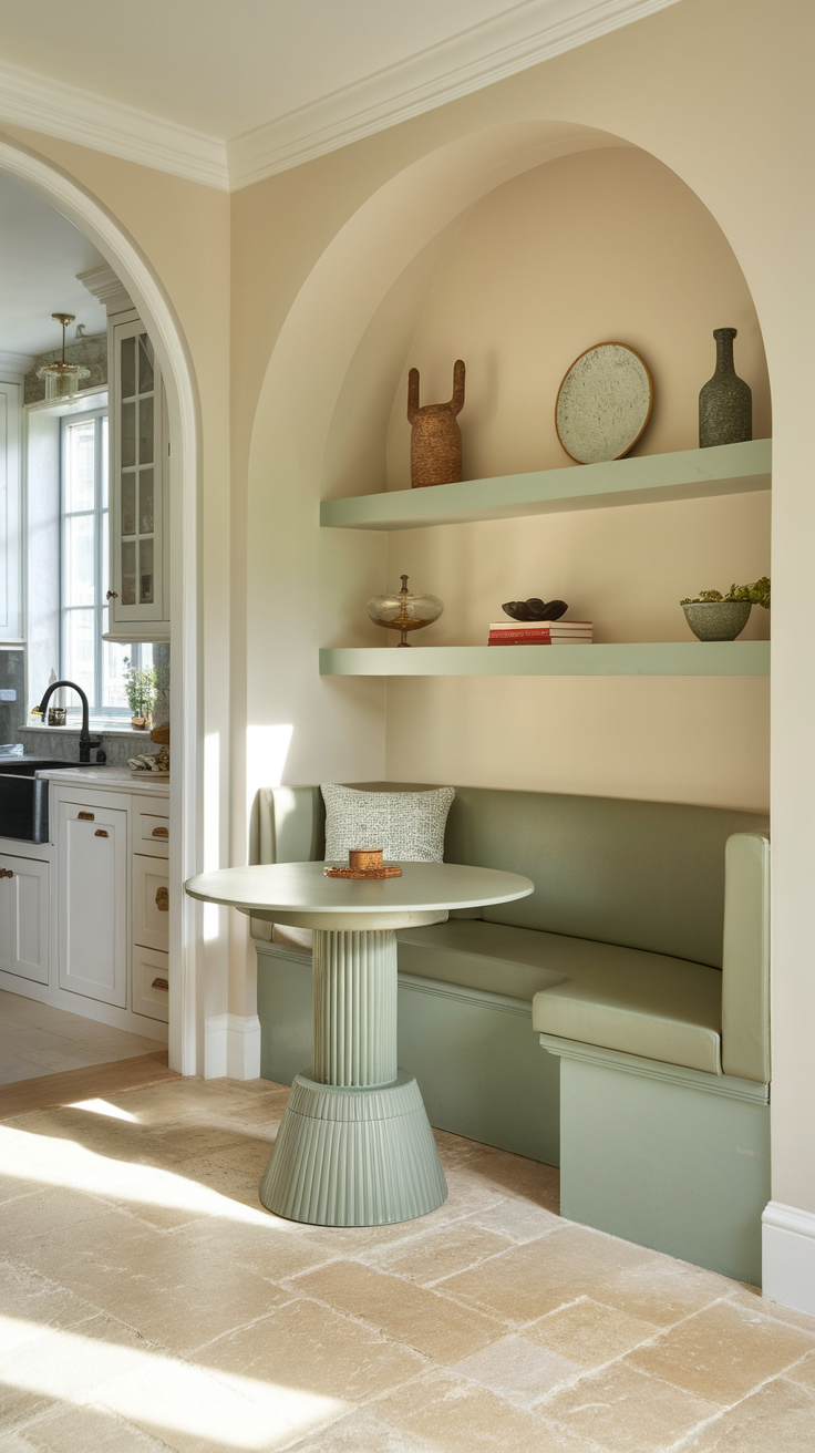 A cozy breakfast nook featuring sage green seating and a round table in a well-lit kitchen.