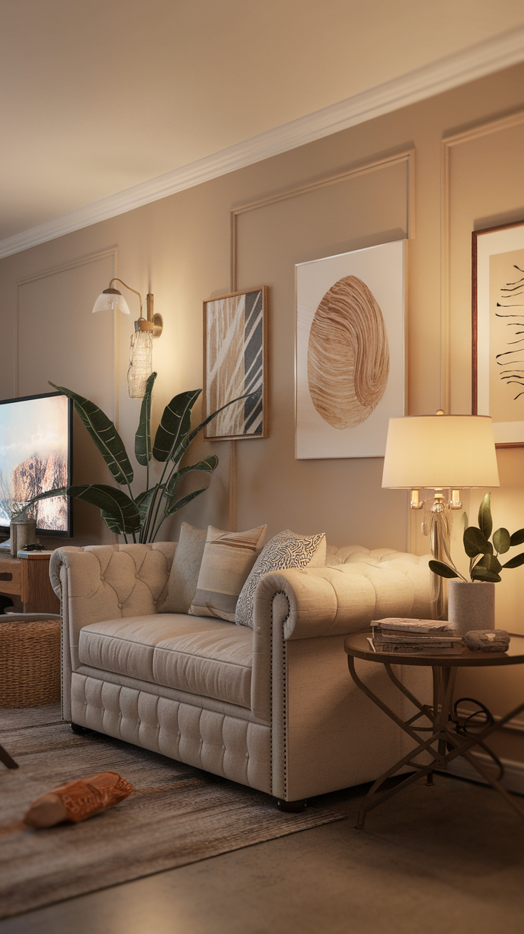 Cozy living room nook with a plush sofa, TV on the wall, decorative art, and plants