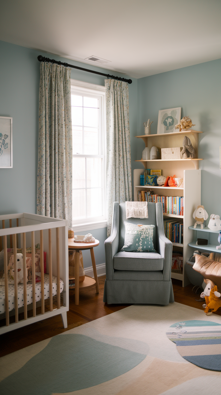 A cozy toddler bedroom featuring a crib, comfortable chair, bookshelf, and playful rug.